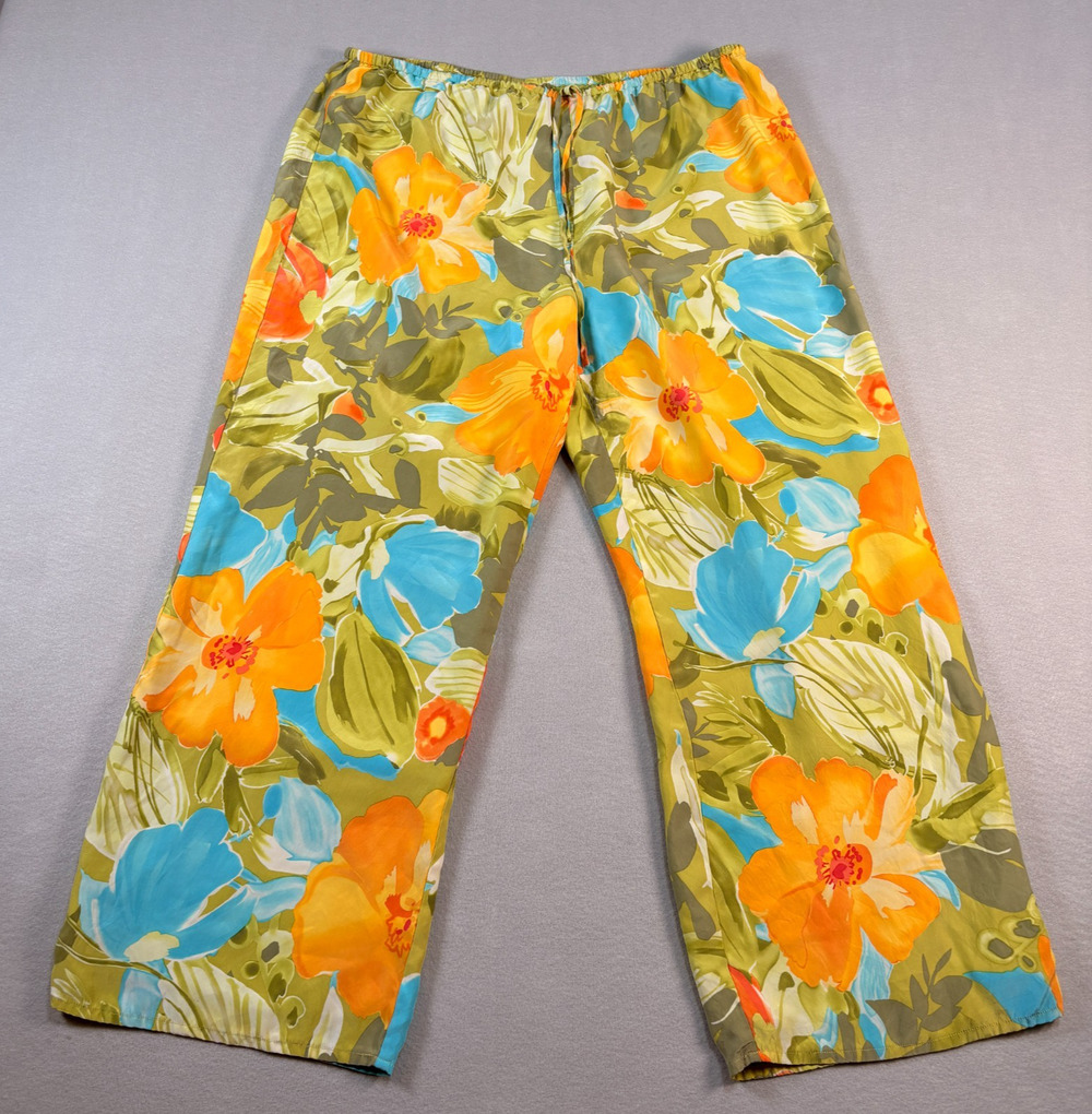 Sigrid Olsen Women's XL Green Orange Blue Floral Wide Leg Pants Elastic